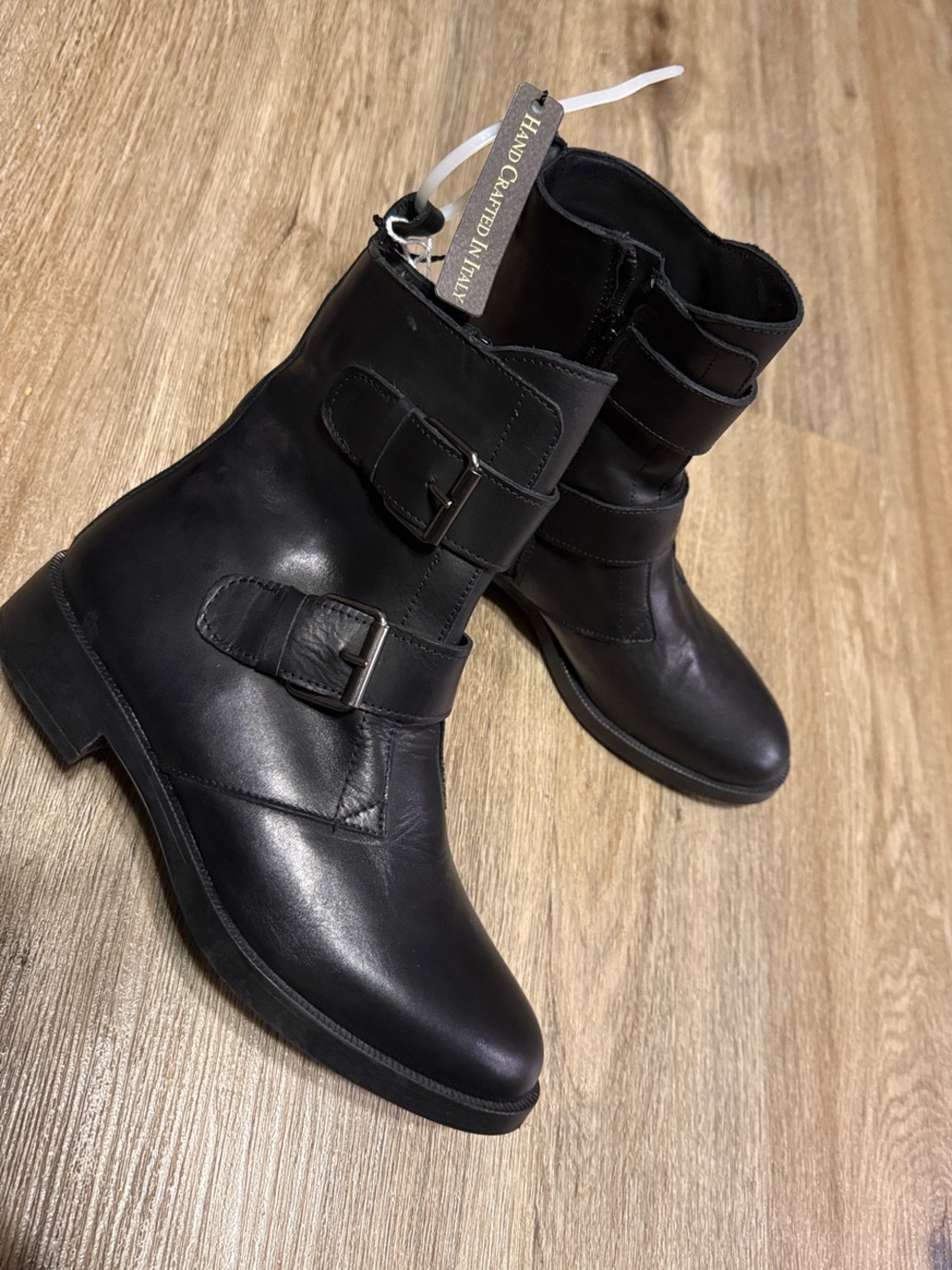 NWT Made in Italy Hand Crafted Black Leather Buckle Mid Shaft Boots 7.5 38